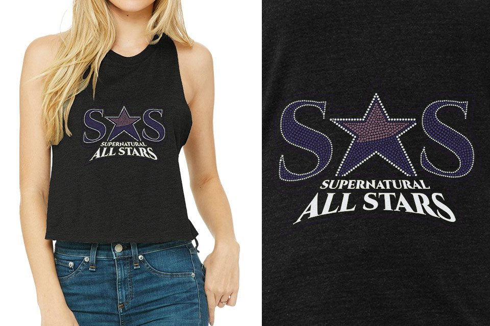Rhinestones Supernatural Allstars - Stones Plus Glitter Relaxed Fit Women's Racerback Cropped Tank