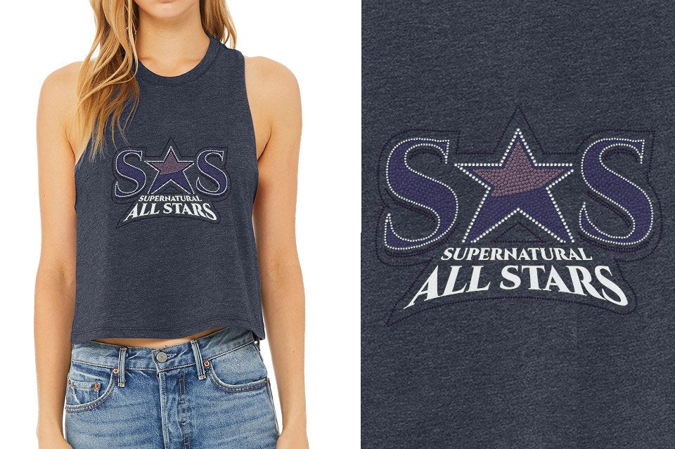 Rhinestones Supernatural Allstars - Stones Plus Glitter Relaxed Fit Women's Racerback Cropped Tank